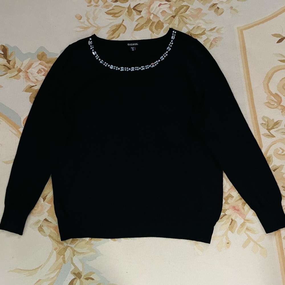 George Elegant Black Sweater with Embellished Neckline